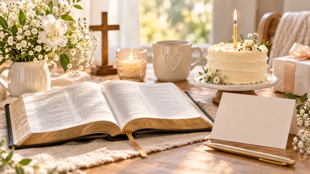 Open Bible and birthday cake representing a short birthday prayer