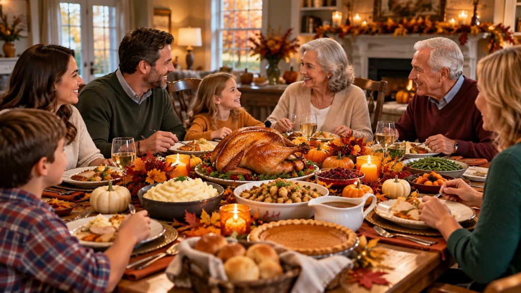 Family and friends sharing Thanksgiving dinner around a festive table