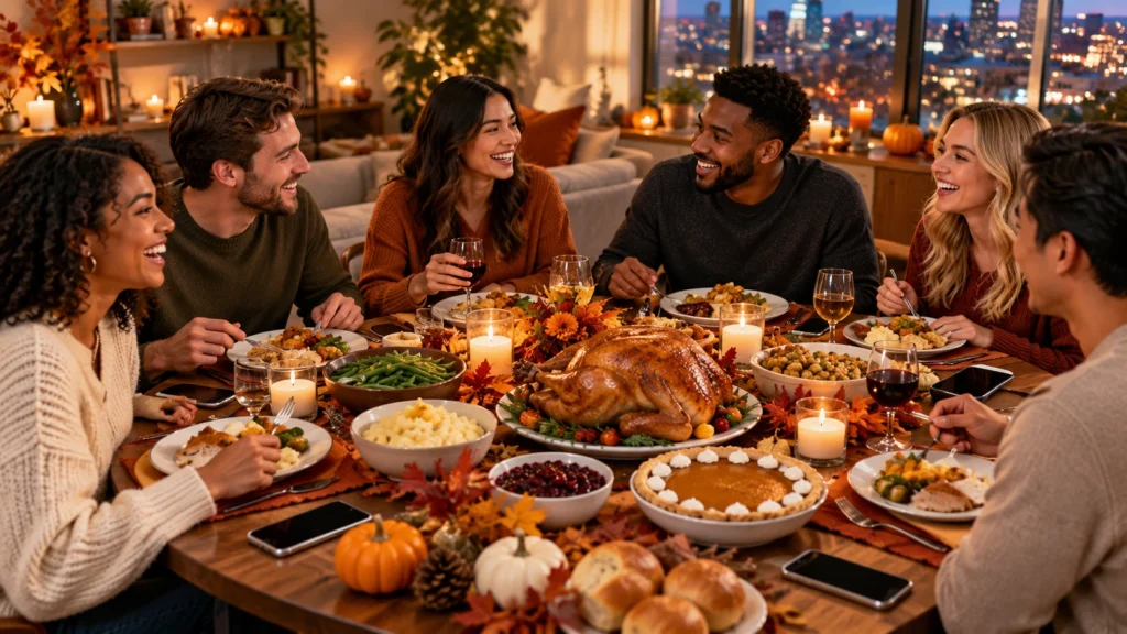 Friends celebrating Friendsgiving together around a Thanksgiving dinner table