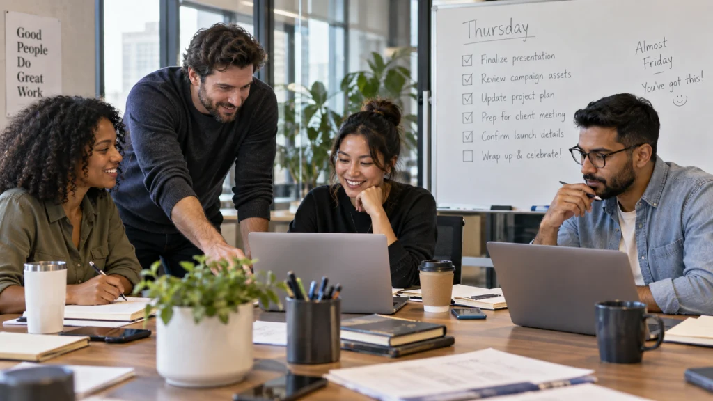 Thursday motivation for work with coworkers collaborating on tasks