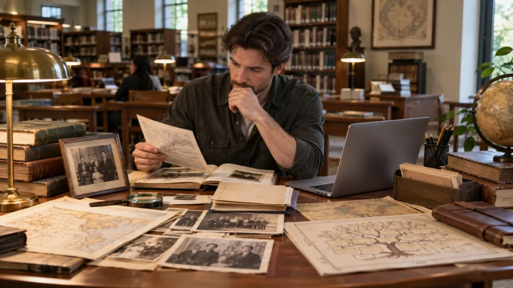 Person researching an uncommon family name using genealogy records, historical documents and old family photographs