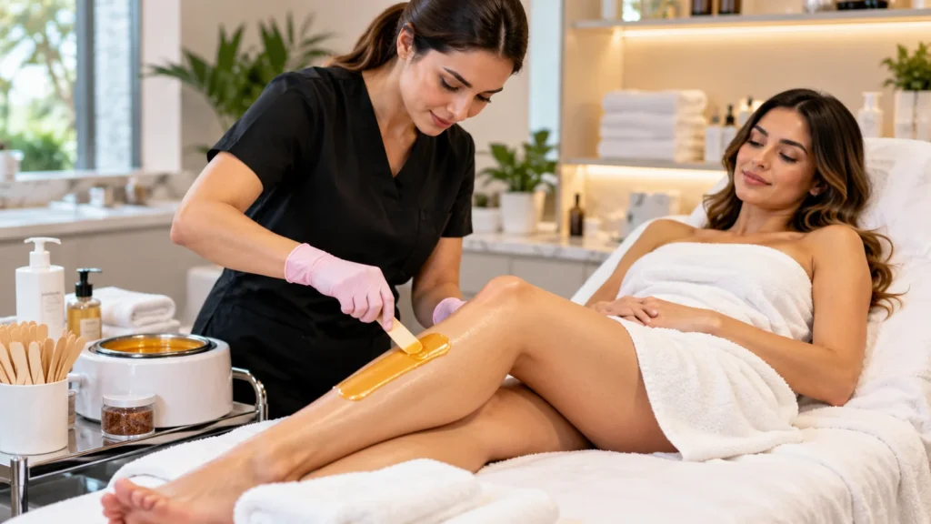 European Wax Center style professional leg waxing treatment in a modern beauty studio