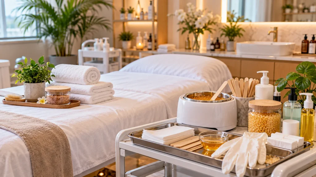 Professional waxing studio with treatment bed, hard wax supplies and skincare aftercare products