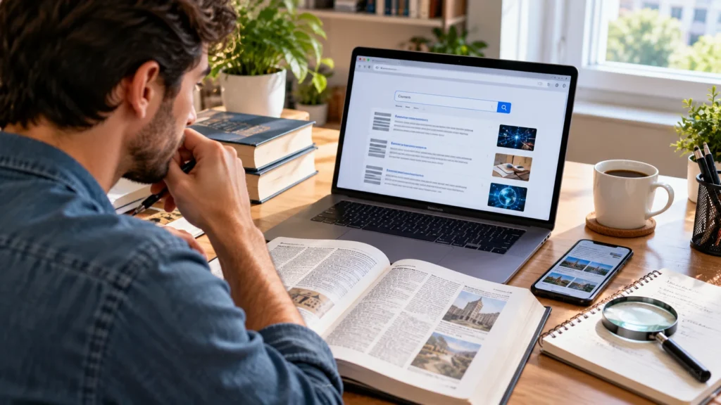 Person researching the meaning of Bilieter and checking online definitions and sources