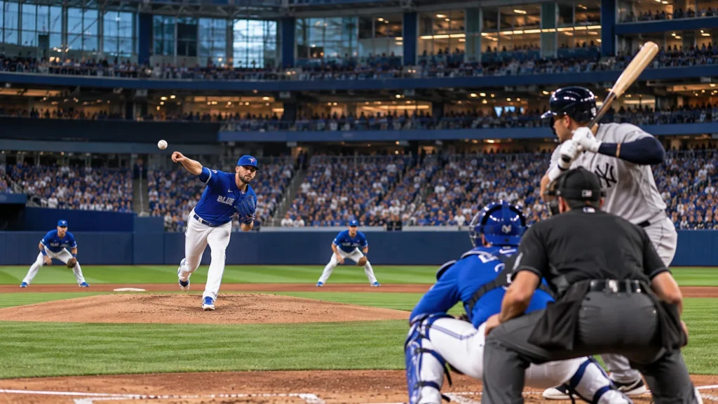 Blue Jays vs Yankees Baseball Game 2026 Toronto Blue Jays vs New York Yankees baseball game with Blue Jays pitcher throwing a fastball at Rogers Centre