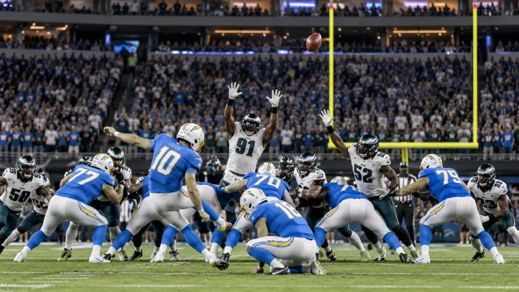 Philadelphia Eagles vs Los Angeles Chargers – Overtime Field Goal Philadelphia Eagles vs Los Angeles Chargers overtime field goal attempt with Eagles defenders trying to block the kick