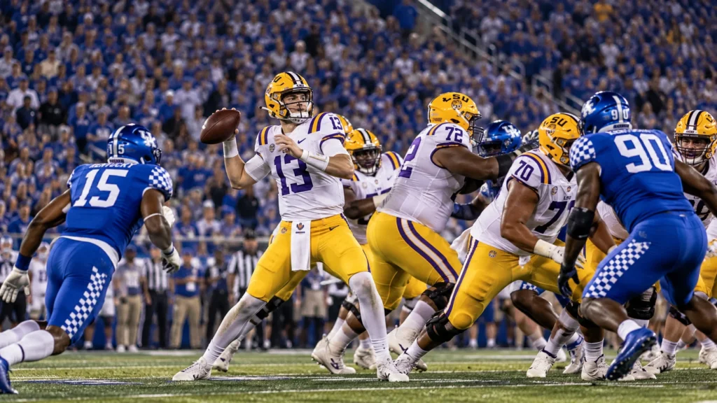 LSU Tigers vs Kentucky Wildcats Football 2026 LSU Tigers vs Kentucky Wildcats football matchup with LSU quarterback preparing to pass against Kentucky defenders