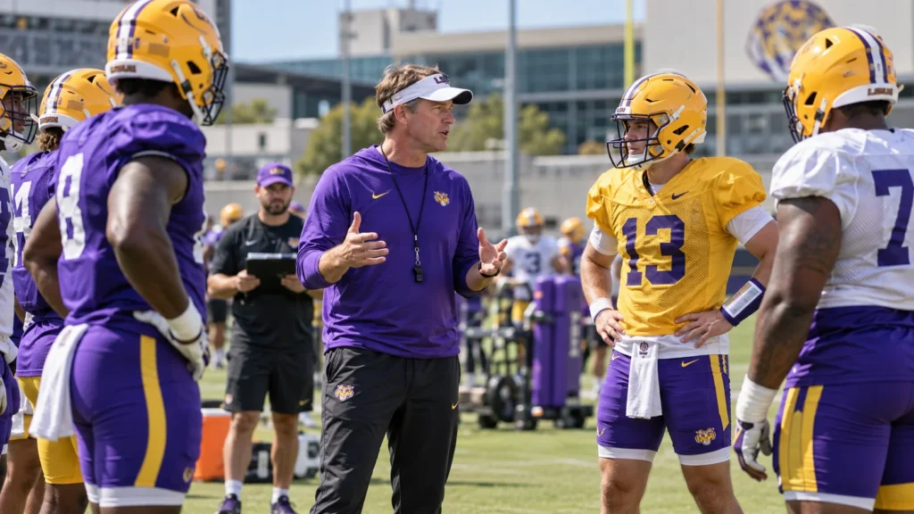 Lane Kiffin LSU Football Practice 2026 Lane Kiffin coaching LSU Tigers football players during a 2026 practice session in Baton Rouge Louisiana
