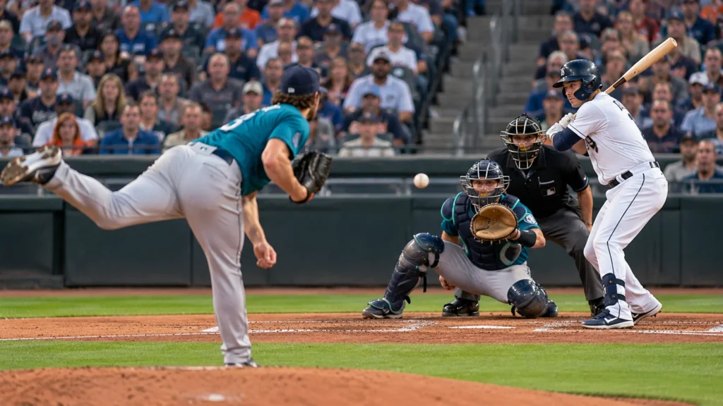 Mariners vs Tigers Baseball Matchup Mariners vs Tigers inspired baseball game with Seattle pitcher throwing toward a Detroit batter