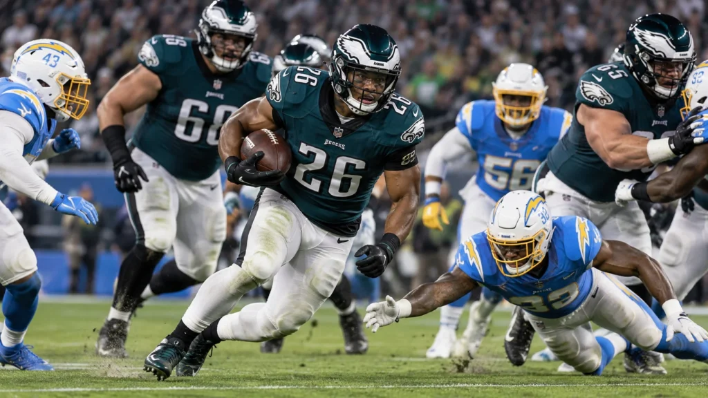 Saquon Barkley – Eagles vs Chargers NFL Matchup Saquon Barkley inspired Eagles running back rushing with the football against Los Angeles Chargers defenders
