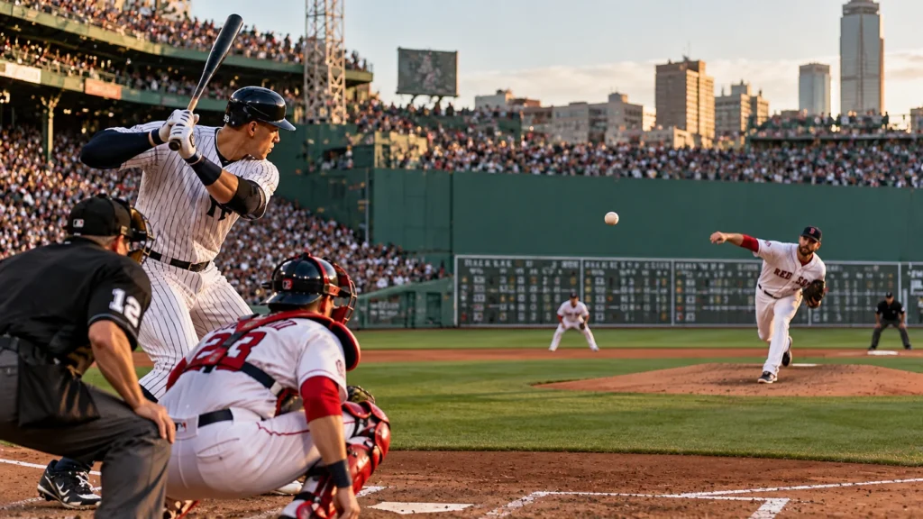 Red Sox vs Yankees MLB Rivalry at Fenway Park New York Yankees batter facing a Boston Red Sox pitcher during a baseball game at Fenway Park