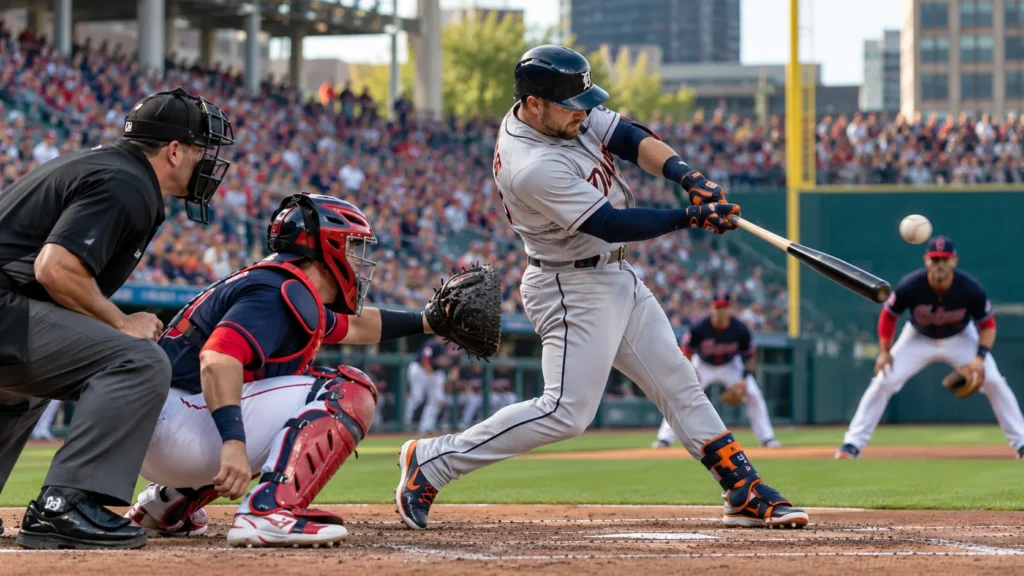 Detroit Tigers vs Cleveland Guardians – MLB Baseball Action Detroit Tigers batter swinging at a pitch against the Cleveland Guardians as the catcher and umpire watch during an MLB baseball game.