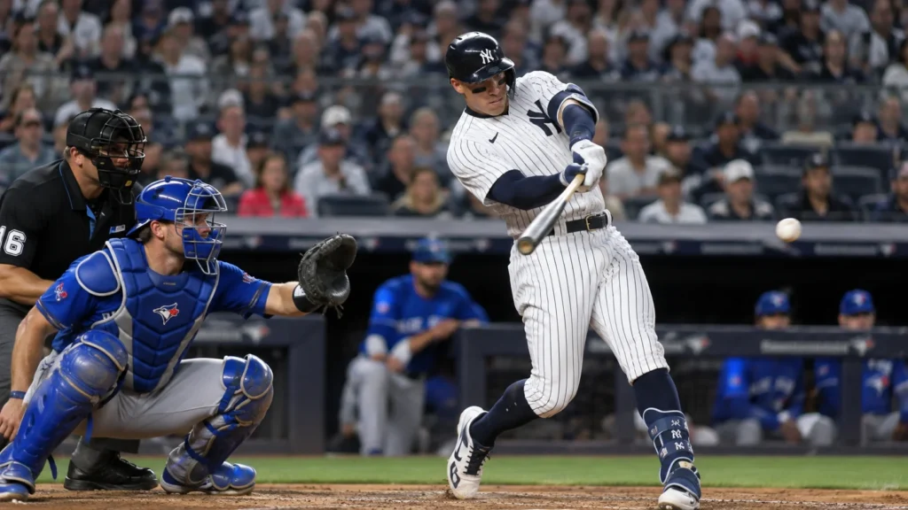 Blue Jays vs Yankees MLB Baseball Matchup New York Yankees batter hitting a baseball against Toronto Blue Jays catcher during an MLB matchup
