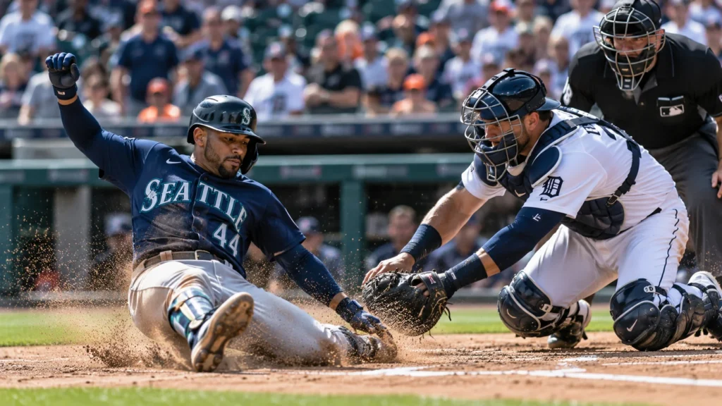 Seattle Mariners runner sliding toward home plate as a Detroit Tigers catcher attempts a tag during an intense baseball play, with an umpire watching.